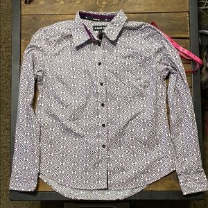 Women’s Rank 45 White & Purple Button Down Geo Patterned Shirt